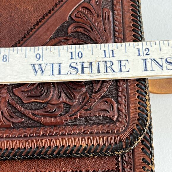Vintage Artisan Leather Crossbody Bag 12" Twist Lock Embossed Tooled Whipstitch - Picture 4 of 16
